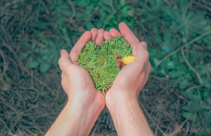 Hände in einer natürlichen Umgebung, die herzförmigen Moos halten, was die Liebe zur Natur symbolisiert.