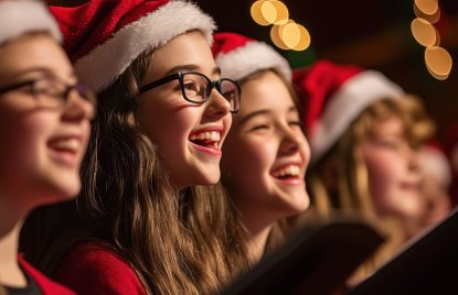Junge Frauen singen mit Weihnachtsmütze auf