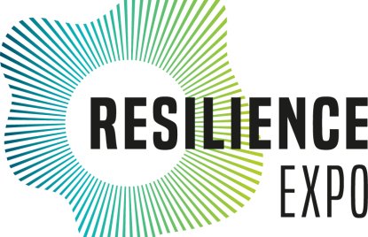 Das Logo der Resilience Expo zeigt den Schriftzug in schwarzen Buchstaben auf grün-blauem Hintergrund