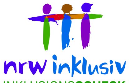 das Logo Inklusionsscheck mit drei bunten Strichmännchen, die an den Händen miteinander verbunden sind