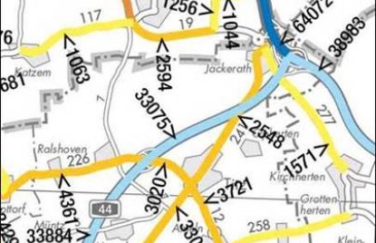 Straßenkarte mit Zahlen zur Angabe der Verkehrsstärke