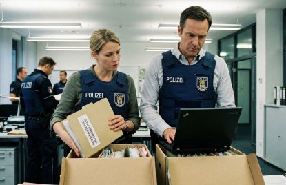 Eine Polizistin und ein Polizist bei ihrer Arbeit in einem Großraumbüro