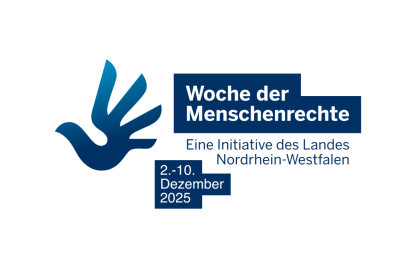 Logo der Woche der Menschenrechte 2025 (blaue Hand mit Schriftzug) mit dem Datum 2.-10. Dezember 2025