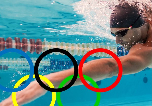 Ein Schwimmer unter Wasser mit den Olympischen Ringen