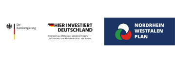 Nordrhein-Westfalen-Plan mit mit Wort-Bild-Marke des Bundes "Hier investiert Deutschland"